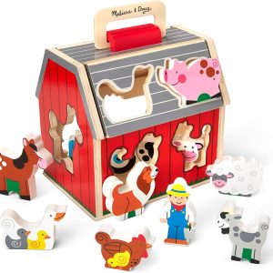 Melissa & Doug Wooden Take-Along Barn Toy with Flip-Up Roof and Handle, 10 Farm Play Pieces, Shape Sorting And Stacking Learning Toys For Toddlers And Kids
