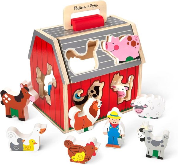 Melissa & Doug Wooden Take-Along Barn Toy with Flip-Up Roof and Handle, 10 Farm Play Pieces, Shape Sorting And Stacking Learning Toys For Toddlers And Kids