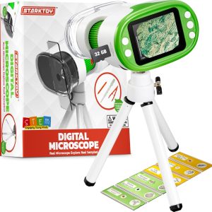 Rechargeable Digital Microscope for Kids, Portable Microscopes with Slides, Learning and Educational Toys,